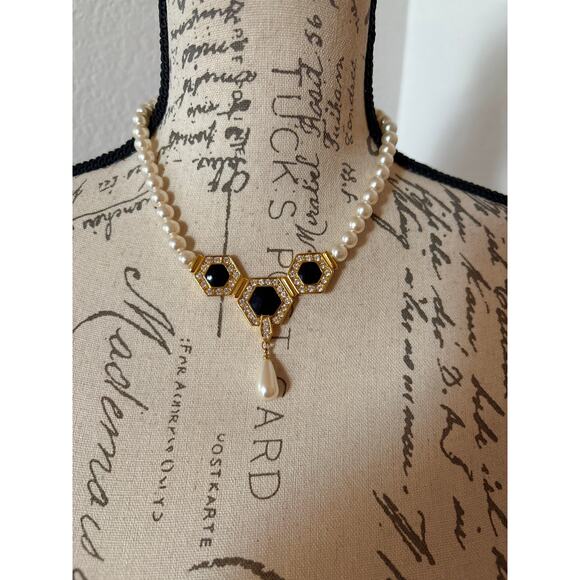 B9 Napier Vintage Necklace Faux Pearl Black Cabochon Art Deco Revival Statement - Picture 2 of 10
